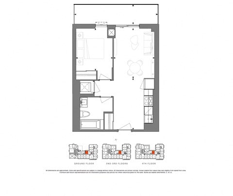 Floor plan for 1 bed, 1 bath, 540 sqft
